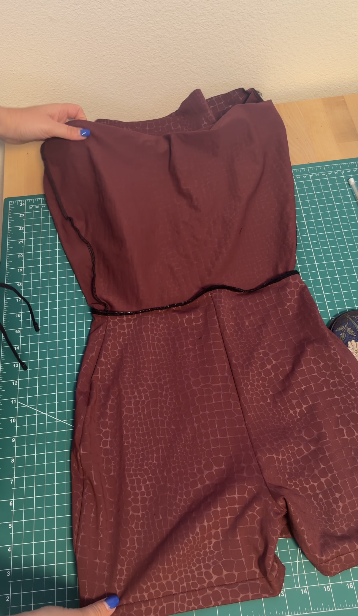 The shorts attached to the inside of the skirt, seen from the inside before the waistband was finished